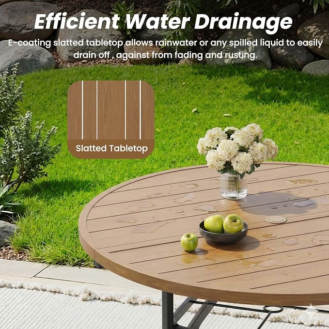 HRVEOCEI 47" Outdoor Round Table with Umbrella Hole, Metal Patio Dining Tables for Lawn Garden, Wood-Like Grain Bistro Table Outdoor for Backyard,Poolside,Deck,Por (Natural, Round)