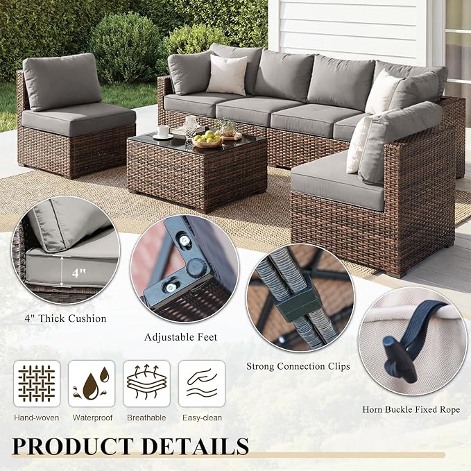 Patio Furniture Set 7 Pieces, Rattan Outdoor Sectional Conversation Sets, All Weather Outdoor Furniture Set with Cushions for Garden Lawn Balcony Porch Deck Grey