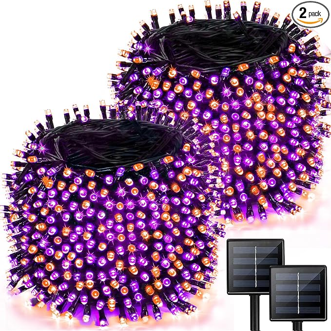 Solar Halloween Lights Outdoor 2 Pack 480 LED String Lights Orange Purple | 170FT, 8 Modes, Auto On/Off, Memory Function, Waterproof Solar Twinkle Lights for Outside Garden Party Graveyard Horror Decor