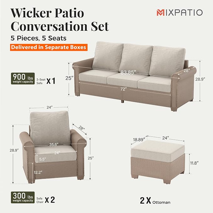 MIXPATIO Patio Furniture Set 5 pcs, Wicker Outdoor Patio Furniture, 3-Seat Sofa, 2 Single Chairs and 2 Ottomans, Rattan Patio Conversation Set for Backyard Deck, Beige