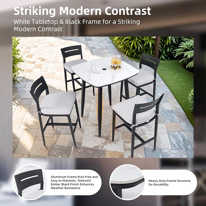 Modern 5-Piece Outdoor Patio Bar Table Set for 4, Small Square Sintered Stone Table with 4 Sunbrella Cushion Bar Chairs, Aluminum Frame and Umbrella Hole, Weather/Heat-Resistant