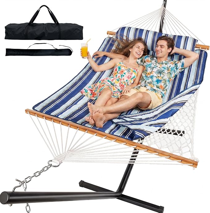 Everyfun 2 Person Hammock with Stand, Heavy Duty Double Cotton Rope Hammock with Removable Quilted Pad & Pillow, 500 LBS Adjustable Steel Frame, Tool-Free, Carry Bag for Outside Patio Yard, Blue