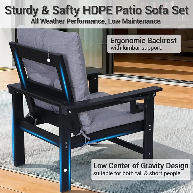 HDPE Outdoor Patio Furniture Set, 7 PCs All Weather Performance Patio Conversation Set w/Back and Seat Cushions, Free Combination Outdoor Furniture for Patio, Lawn, Poolside, Backyard, Black