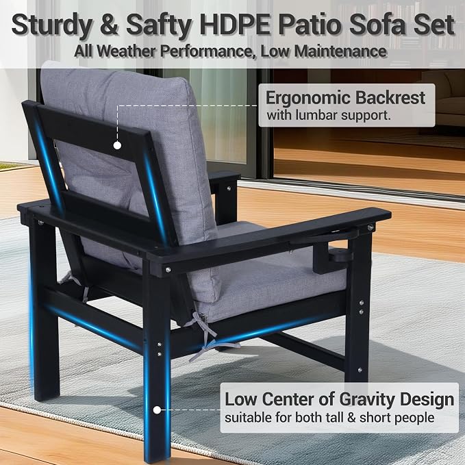 7-Piece HDPE Patio Conversation Set w/ 4 Cup Holders, All-Weather Outdoor Sectional Furniture, Thick Washable Cushions, Coffee Table & Side Table for Backyard Porch Poolside, Black