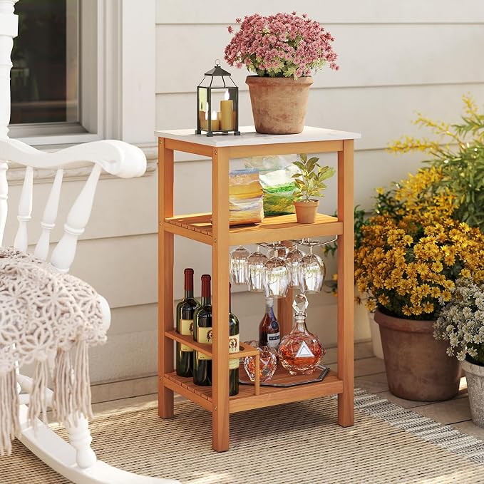 Goplus Outdoor Side Table, 3-Tier Acacia Wood Bar Table w/Marble-Like Countertop, 2 Slatted Shelves, Glass & Wine Holders, Small Buffet Sideboard & Corner End Table for Patio, Deck or Indoor