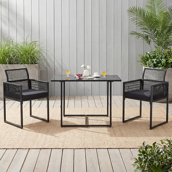 Tangkula 3 Pieces Outdoor Dining Set, PE Rattan Patio Furniture Set with Folding Backrest, Cozy Seat Cushions, Tempered Glass Tabletop, Space-Saving Bistro Table and Chairs Set of 2 for Backyard Pool