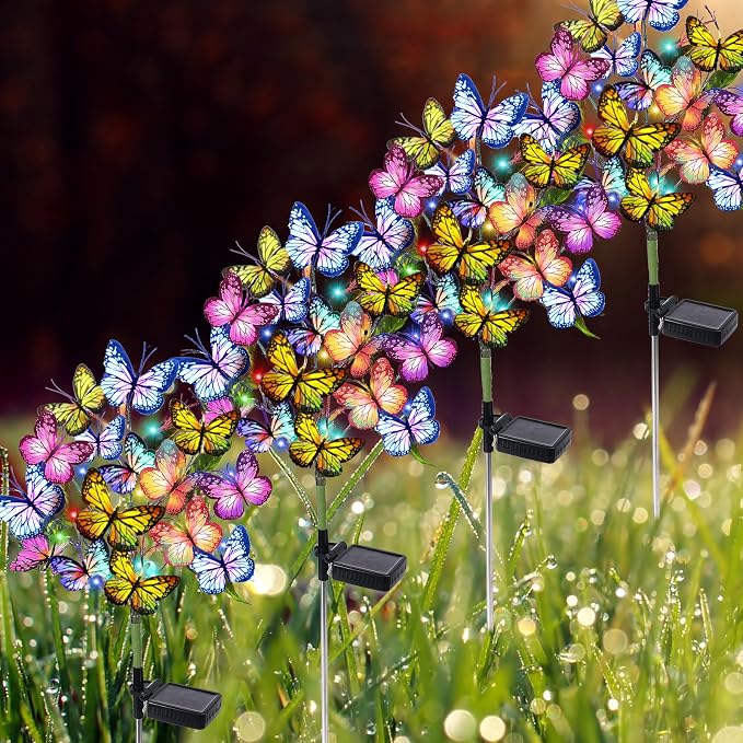 Adecorty Solar Garden Lights Solar Lights Outdoor Waterproof Decorative 4 Pack with 88 LED 68 Butterfly Solar Lights for Garden Yard Decor Christmas Decorations, Gifts for Mother's Day Mom