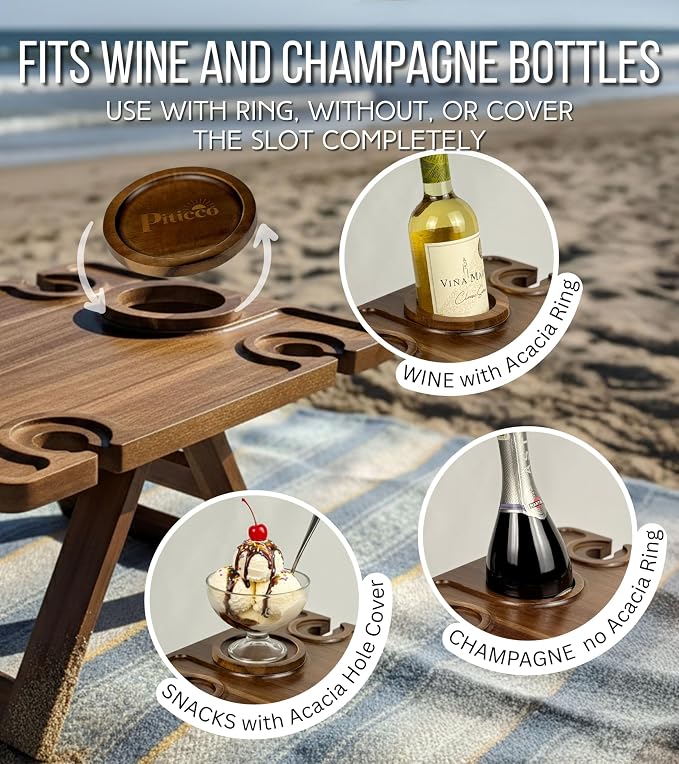 Portable Wine Picnic Table in Acacia Wood, Wine Charcuterie Board with Glass Holders, Outdoor Folding Wine Table for Beach, Park & Indoor Use, Gift for Wine Lovers