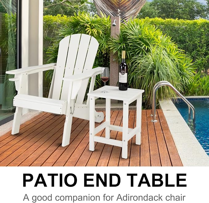 Adirondack Square Side Table - Waterproof & Colorfast HDPE Plastic with Slatted Top, 14x14x18.5 in (White)