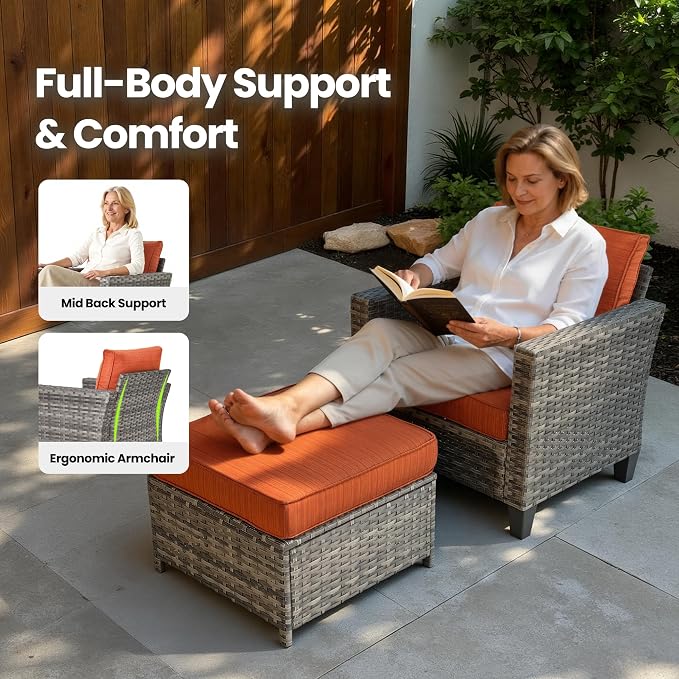 6 Piece Wicker Patio Furniture Set with Solar Table, Orange | Outdoor Deep Seating Sofa Chair Ottoman, Solar Lights Table, All Weather Rattan, Modern Conversation Set, Porch Deck Backyard