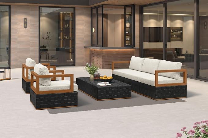 PURPLE LEAF Patio Furniture Set Single Seat Outdoor Sectional Sofa Patio Conversation Set with Olefin-Blend Fabric and Modern PU Leather Base for Yard Porch Garden Black