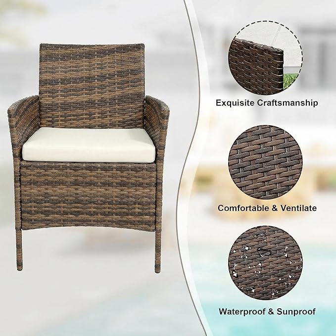 3 Piece Outdoor Patio Furniture Set, All-Weather Brown Wicker Rattan Conversation Set with Cushions, Chairs & Coffee Table for Porch, Backyard & Balcony