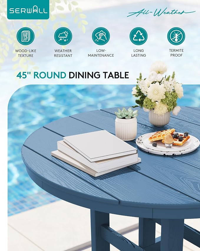 SERWALL 6-Piece Patio Dining Sets, HDPE Outdoor Table and Chairs Furniture Set with Umbrella, 45" Round Dining Table & 4 Armless Dining Chairs & 1 9FT Umbrella, Navy(Not Include Umbrella Base)