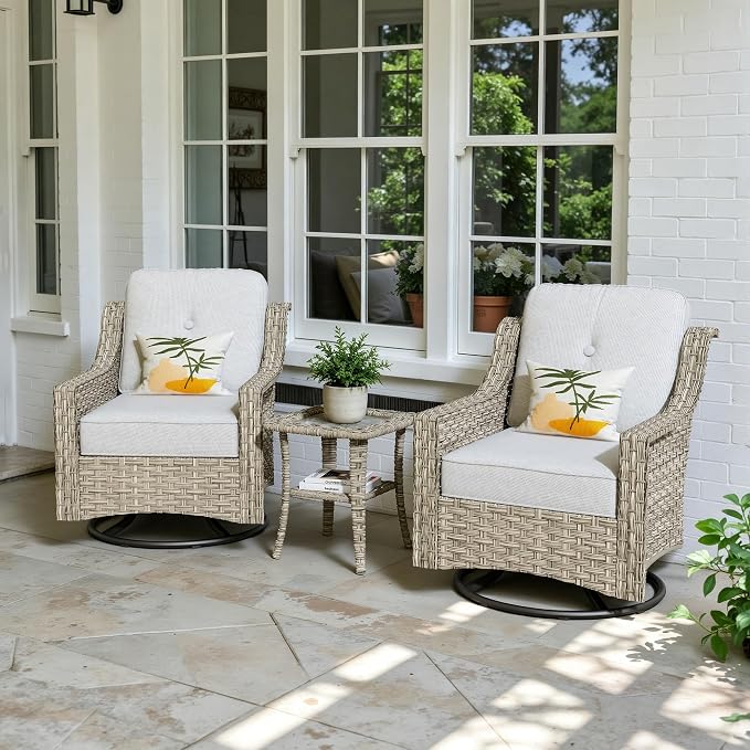 3 Piece Patio Furniture Set, Outdoor High Back Swivel Rocker Chairs Set of 2 with Side Table, All Weather Wicker Glider Chair with Thick Cushions for Backyard Balcony Porch, Grey