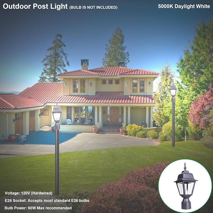 Outdoor Post Light, Rustproof Aluminum Pole Lamp, Black | Exterior Lamp Post Light Fixture for Garden, Yard, Pathway, Waterproof, Glass, E26 Base, Max 60W, 2 Pack