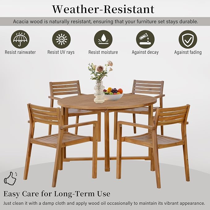 5 Pieces Outdoor Acacia Wood Dining Table Set with 47.2" L Slatted Round Table and 4 Chairs, Modern Patio Dinner Set with Cushions for Backyard, Lawn, Garden, Poolside or Indoor, Natural