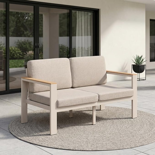 Aluminum Outdoor Patio Furniture Loveseat, All-Weather 2-Seat Patio Sofa with Rust-Resistant Frame and Water-Resistant Easy-Clean Cushions for Porch, Deck, Backyard, Beige
