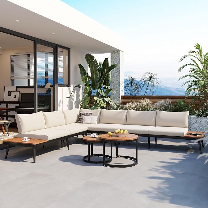 JIVOIT Outdoor Patio Sectional Sofa Set, Modern 6-Piece Conversation Set with Round Nesting Coffee Tables and Seating Sofa with Cushions for Patio, Porch and Garden (Beige * 33)