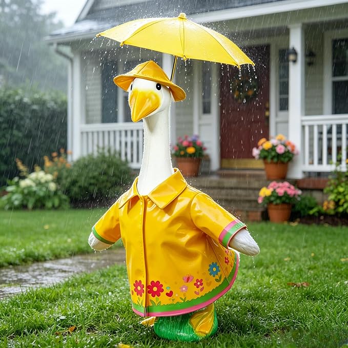 Raincoat Porch Goose Outfits, Summer Lawn Goose Statue Raincoat Costume, Cement/Plastic Goose Clothes Raincoat Umbrella Hat, 3-Piece Set for 23" Yard Goose Statue Patio Garden Decoration