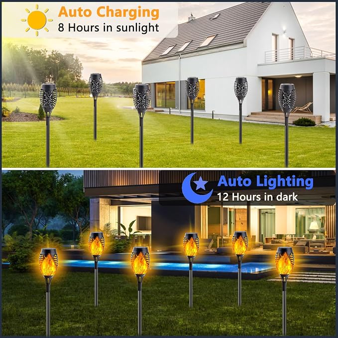 10Pack Solar Torch Lights with Flickering Flame Mini Solar Flame Lights | Solar Lights Outdoor for Halloween Decorations, Waterproof Solar Tiki Torches Outdoor for Garden Yard Pathway Patio