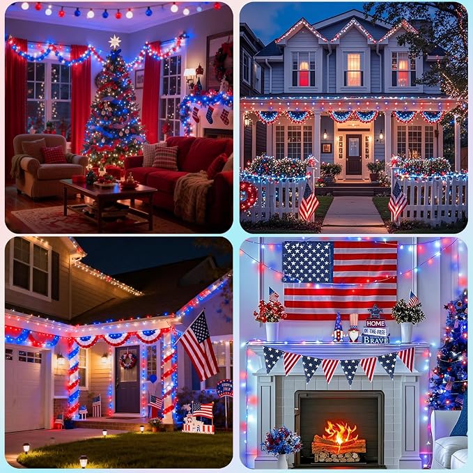 500 LED Red White and Blue 4th of July Lights Outdoor, 164 ft | Green Wire Waterproof Patriotic String Lights with Timer, 8 Modes Connectable Twinkle Fairy Lights Independence Day Decor