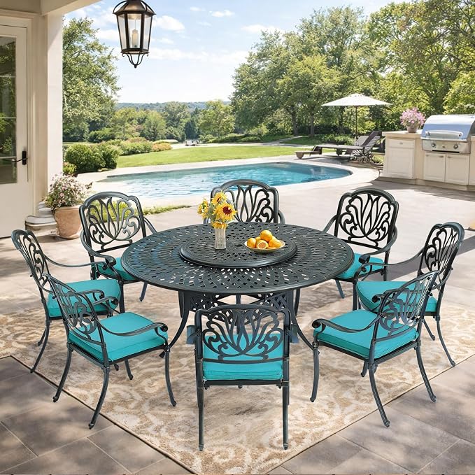 VIVIJASON 9-Piece Patio Furniture Dining Set, Rust-Free Cast Aluminum Outdoor Conversation Set, Include 8 Cushioned Chairs & 61" Round Dining Table with 31" Lazy Susan, Umbrella Hole, Ocean Blue