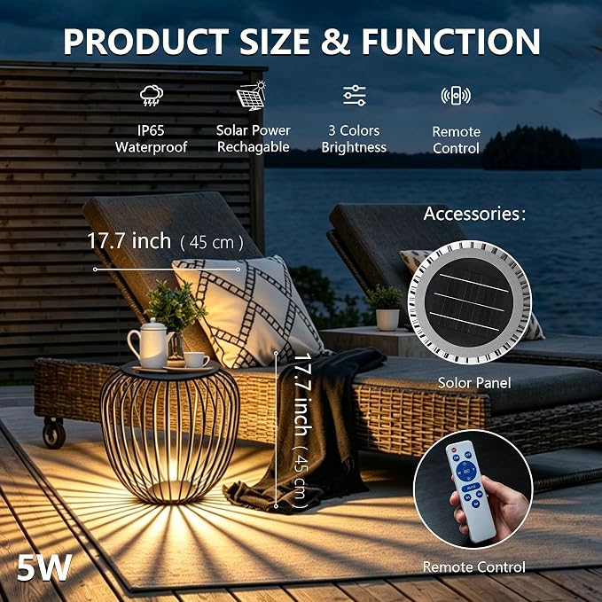 LED Outdoor Side Table, 18 Inch Metal Cage Patio End Table with Bottom LED Light, Solar Powered, 2-in-1 Multi-Purpose Stool, Waterproof Garden Furniture for Balcony Poolside Backyard