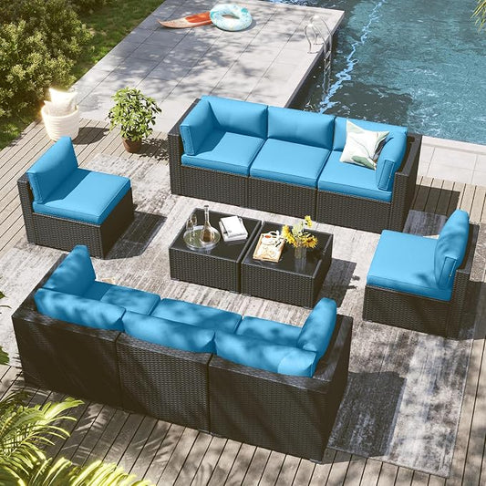 LazySunsets 10 Piece Outdoor Patio Furniture Set with Coffee Table, Outdoor Patio Furniture Sets with 4'' Thicken Cushion, Wicker Rattan Outdoor Conversation Set for Backyard & Garden, Peacock Blue