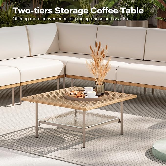 LAUSAINT HOME 7-Piece Outdoor Patio Furniture Set, Wicker Outdoor Conversation Set PE Rattan Sectional Sofa with Washable Cushions and Tempered Glass Table for Garden (Beige)