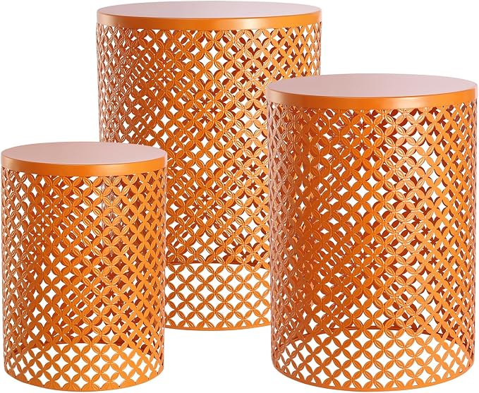 Outdoor Side Table, 3PCS Round Metal Frame Coffee End Tables, Modern Decorative Garden Stool, Multifunctional Nesting Side Table for Garden, Balcony, Cafe, Park, Pool Side (Orange)