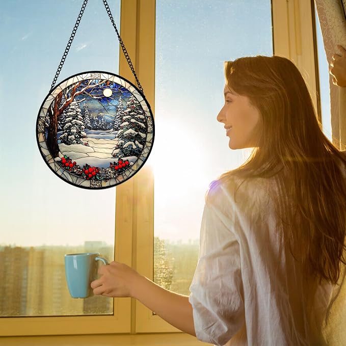 DASTOLL Stained Glass Window Hanging Christmas Tree Winter Snow Night Scenery 6.3" - Suncatcher Door Garden Kitchen Sun Catcher Home Decor Birthday for Mom Men Woman Friend