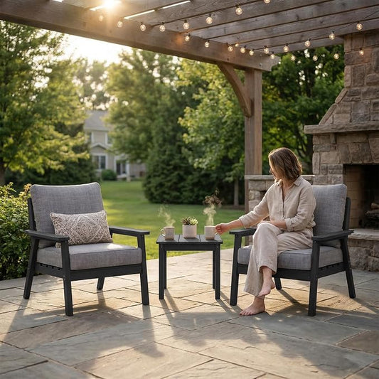 LOUNZY HDPE Patio Conversation Set, 3 pcs Sectional Outdoor Furniture Set, All Weather Outdoor Couch Set Patio Furniture Set for Deck, Lawn, Black