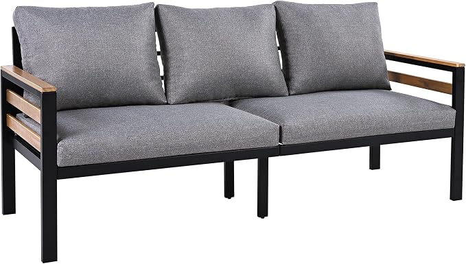 4-Piece Outdoor Furniture Sofa Set for 5 People with Acacia Wood Armrests, Patio Conversation Set with Removable Cushion and Solid Wood Coffee Table for Garden (Grey#46)
