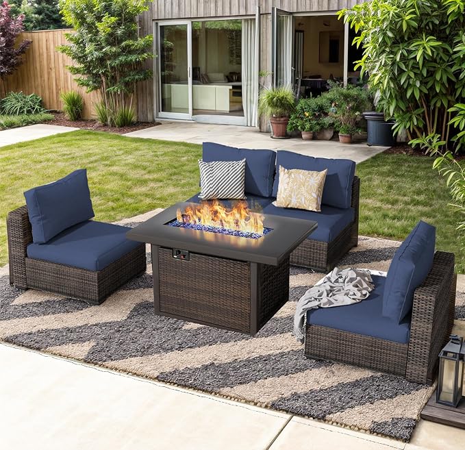 Outdoor Sectional Furniture, 5 Piece Patio Furniture Set with 42-inch Fire Wicker Propane Fire Pit Table - All Weather Wicker Rattan Couch Sofa Conversation Set for Backyard Lawn Poolside Deck, Blue