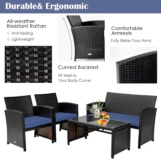 Tangkula 8 Pieces Rattan Furniture Set, Outdoor Conversation Set w/Chair & Loveseat & Tempered Glass Coffee Table, Suitable for Garden, Backyard, Poolside, Patio Furniture Set for 8 (2, Blue)