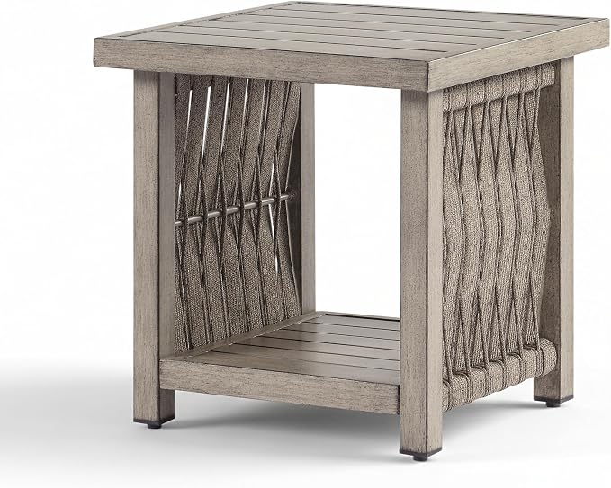 Outdoor Patio Square Side Table, 2-Tier Patio Side Table with Rope Weave, Aluminum Frame Weather Resistant, Patio End Table Furniture Set for Garden Porch Yard Deck, Gray Oak