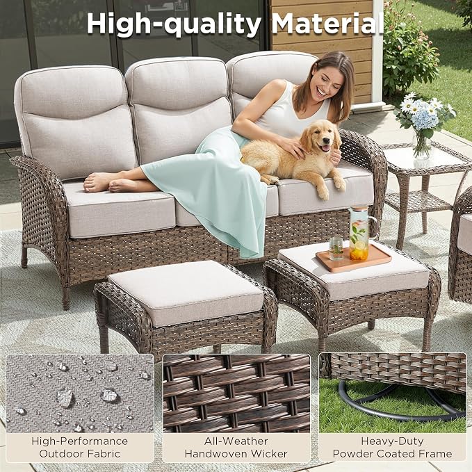 8 Pieces Luxury Outdoor Patio Furniture Set with 6-Inch Thick Cushions, Wicker Outdoor Furniture with High Back Swivel Patio Chairs Set of 4, Patio Conversation Set for Deck Garden Porch, Beige