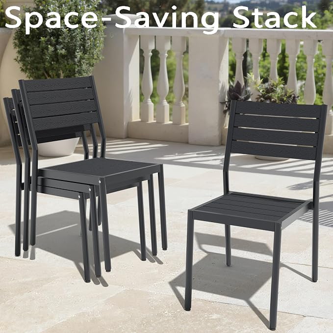 7-Piece Outdoor Dining Set for 6 Person with Black Wood-Grain Top | Armless Stackable Chairs with 19.4" Seat Depth, Aluminum Frame Dining Furniture with Umbrella Hole for Deck, Porch & Backyard