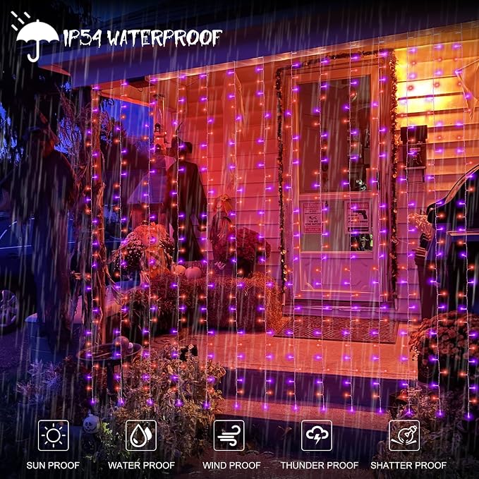 echosari Halloween Curtain Lights Battery Operated 300 LED Purple Orange | 9.8Ft x 9.8Ft Hanging Lights with Remote Timer for Party Garden Yard Decor