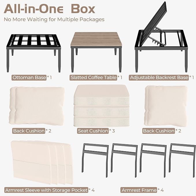 5 in 1 Modular Patio Furniture Set, 3 Piece Aluminum Convertible Outdoor Sectional to Loveseat, Tanning Chair, All-Weather Seating for Balcony, Apartment, Beige