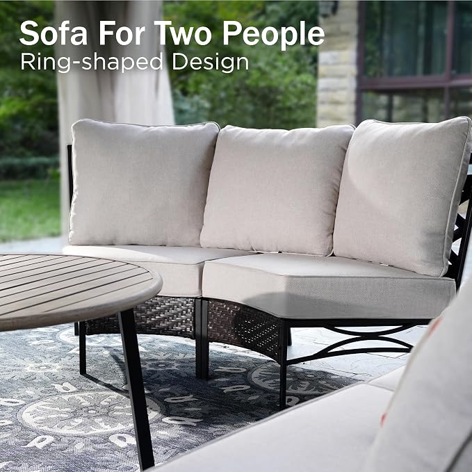 PHI VILLA 6 Piece Half Moon Patio Furniture Set, Outdoor Curved Wicker&Metal Sectional Conversation Set for Garden Balcony and Backyard