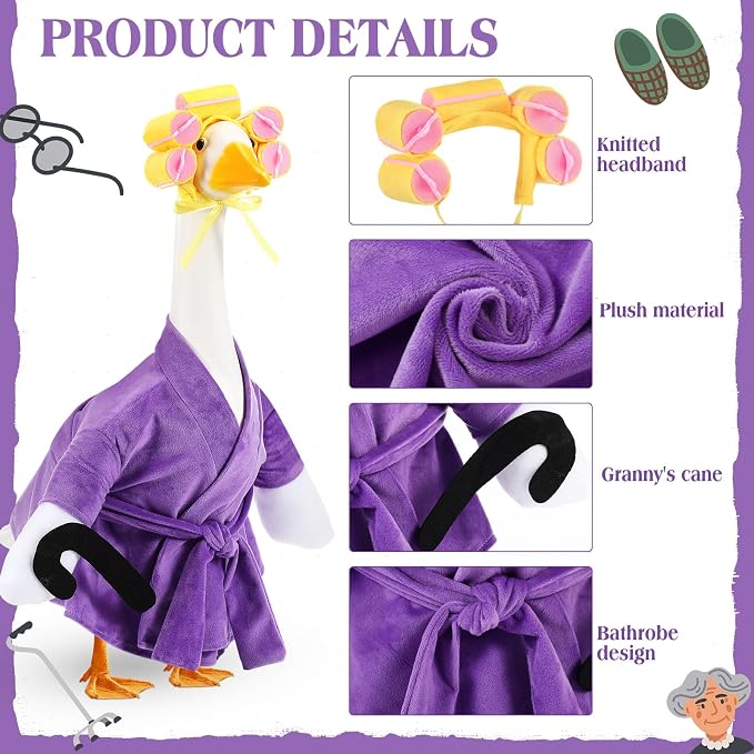 Shyyween Old Lady Porch Goose Outfits Purple Bathrobe Goose Clothes with Curlers Crutch, Cute Geese Costume for 23 Inch Cement Plastic Statue Lawn Yard Decor