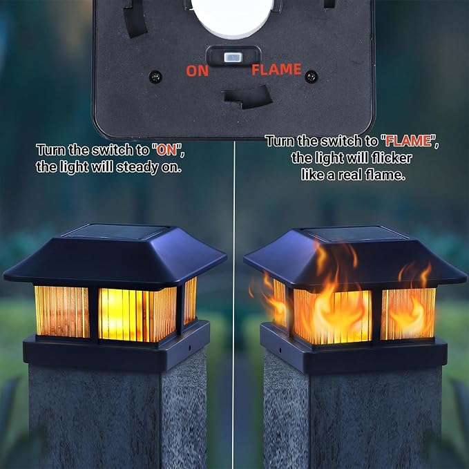 Dynaming 4x4 Solar Flame Post Cap Lights Outdoor, Solar Powered Fence Post Light, Flickering Flame LED Lantern Lamps Waterproof for Garden Deck Patio, Fit Wooden/Vinyl Posts, 12 Pack
