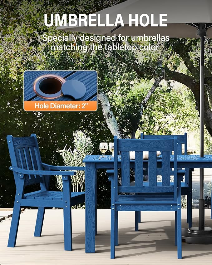 YEFU HIPS Patio Table Set: 5 Piece Outdoor Table and Chairs Dining Furniture Set with Umbrella Hole - Blue Modern Plastic Dining Sets 4 Person for Outside Deck with Metal Aluminum Frame