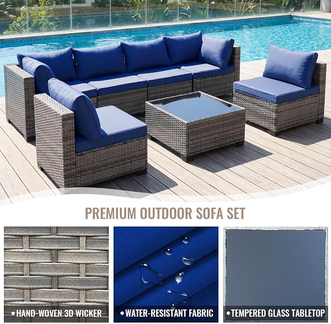7 Pieces Outdoor Wicker Patio Furniture Set, Patio Conversation Sectional Set with Cushions & Coffee Table, All Weather PE Rattan Patio Sofa with Tea Table for Backyard Porch Garden (Navy-blue)