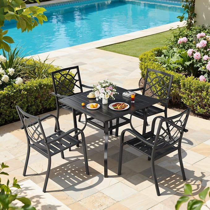 Betterland Patio Square Dining Table 37" x 37" Outdoor Metal Steel Frame & Slat Tabletop with 1.57" Umbrella Hole for 4 Person, Classic Black