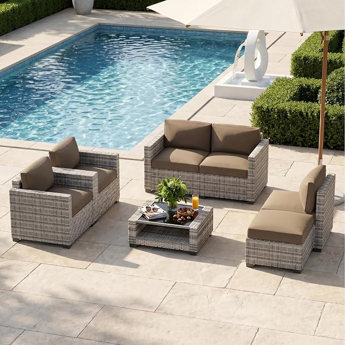 Patio Furniture Set, 7-Piece Outdoor Sectional Couch with Coffee Table & Thick Cushions, Outdoor Wicker Conversation Set for Backyard, Poolside, Garden (Grey White-Camel, 7 Piece-Double)