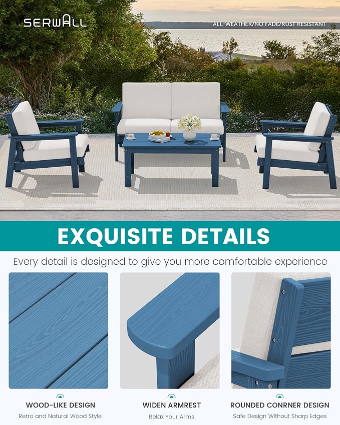 SERWALL HDPE Outdoor Furniture Set, 7 Piece All Weather Wood-Like Outdoor Sofa Sectional Couch, Blue Patio Furniture Set with Khaki Cushions