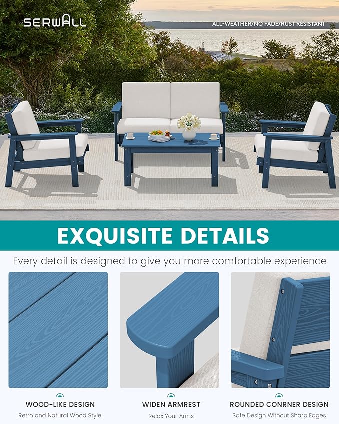 SERWALL HDPE Outdoor Couch, All-Weather Wood-Like Outdoor Sofa Set with Coffee Table, Blue Frame and Khaki Cushion