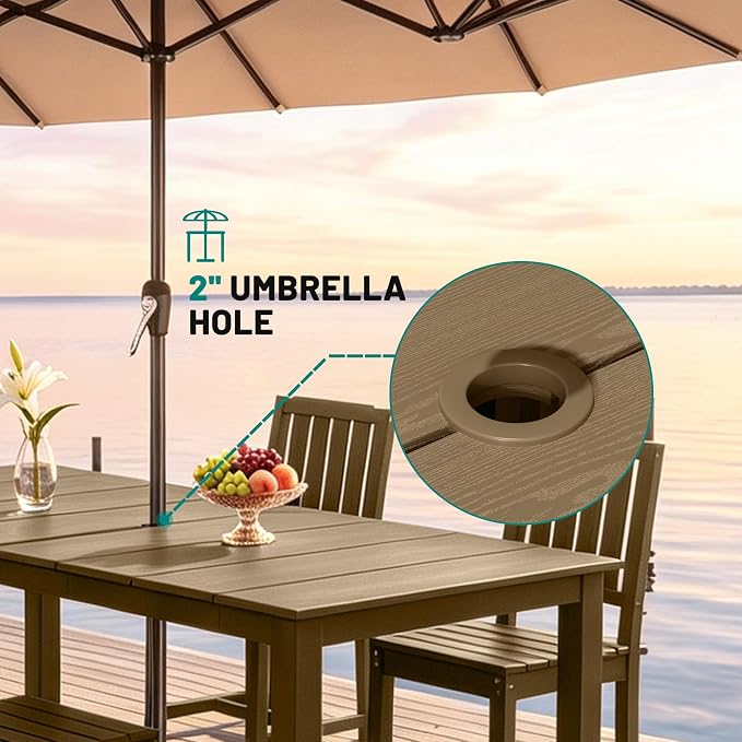 PLUUV 5-Piece Outdoor Dining Set – HDPE Patio Furniture with Aluminum Table, Umbrella Hole, and 4 Armless Chairs, All-Weather Resistant for Garden & Backyard, Brown